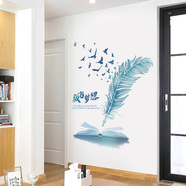 Decal dán tường chất liệu PVC loại 1 dày dặn, sắc nét, trang trí phòng khách- Lông chim thư pháp- mã sp QR9228