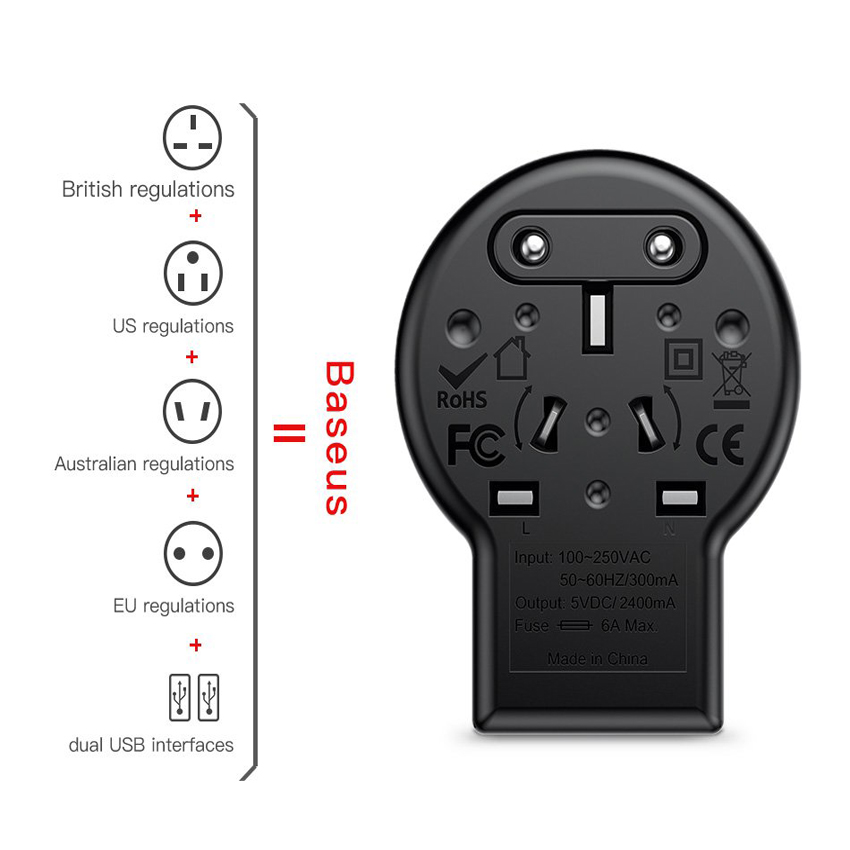 Cốc sạc chân cắm xoay đa năng Baseus Rotation Type Universal 2 Port USB 2.4A (US/ UK/ EU/ AU) - Hàng chính hãng