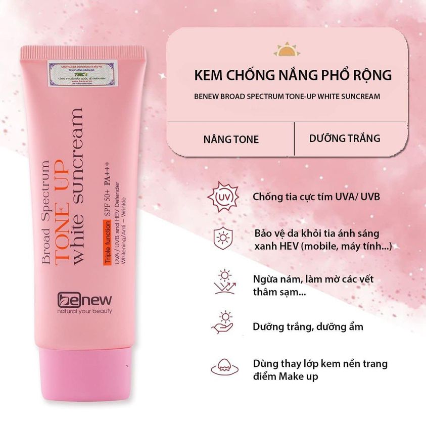 KEM CHỐNG NẮNG PHỔ RỘNG HÀN QUỐC, NÂNG TONE, DƯỠNG TRẮNG - BENEW BROAD SPECTRUM TONE-UP WHITE SUNCREAM 70ml (chính hãng)