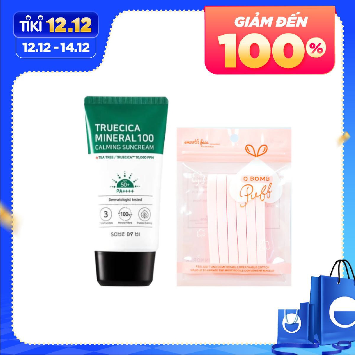 Kem Chống Nắng Dành Cho Da Dầu Mụn, Nhạy Cảm Some By Mi Trucica Mineral 100 Calming Suncream SPF50+/PA+++ 50ml tặng kèm bông nở (màu ngẫu nhiên)