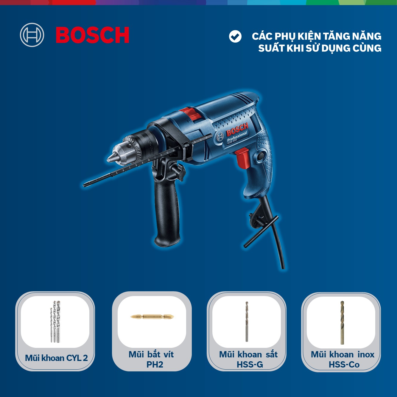 Máy khoan động lực Bosch GSB 550 550W - Tặng bộ phụ kiện FREEDOM 90 chi tiết