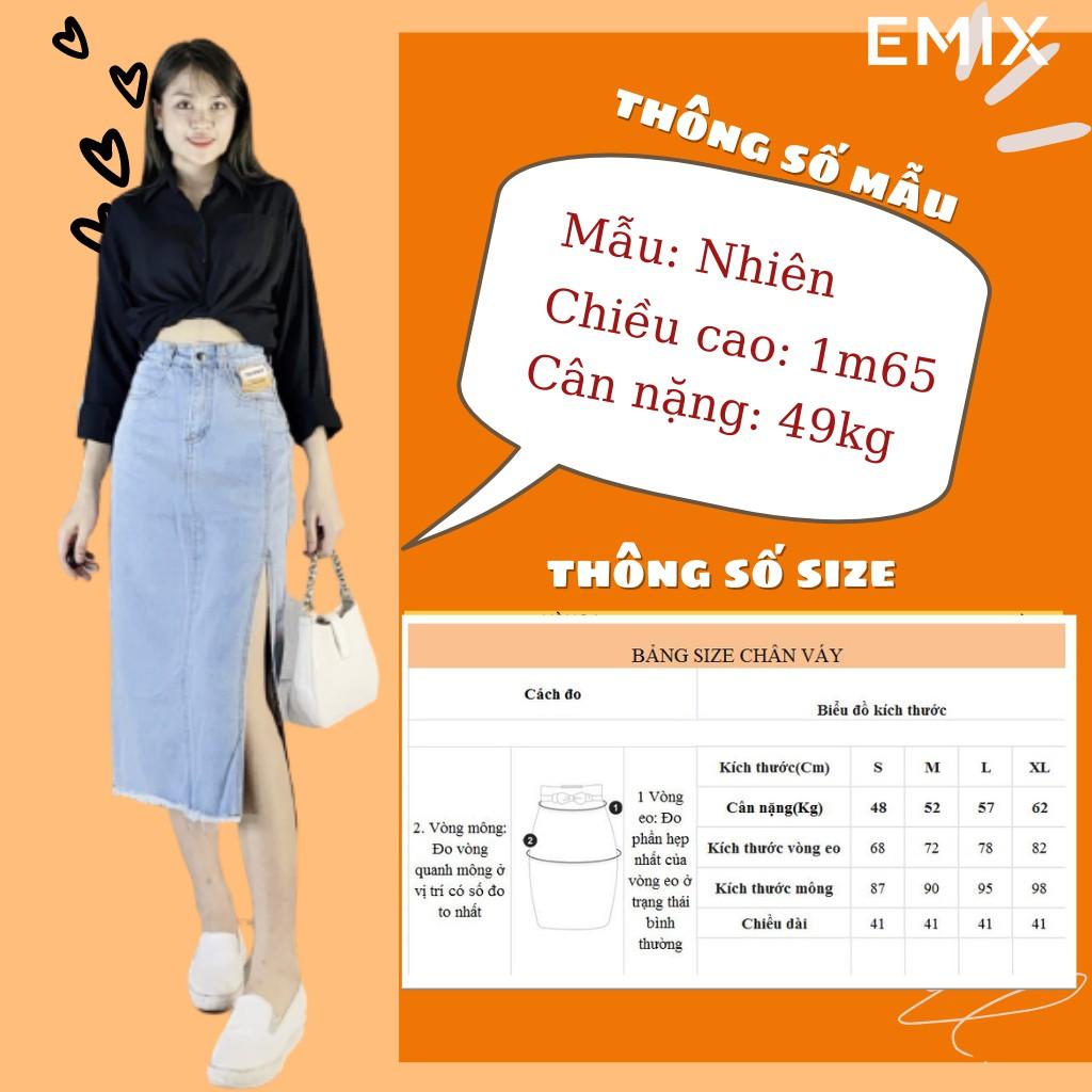Chân váy jean xẻ chân EMIX (màu xanh), dáng dài, 1 lớp, cạp cao, dài 78cm, chất jean mềm mịn đứng dáng, xẻ chân cuốn hút