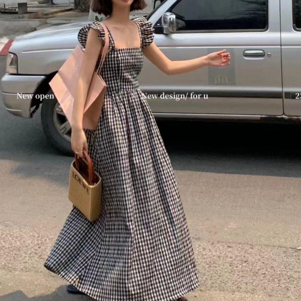 CHENGRUI 2023 Mùa hè Pháp Vintage kiểm tra Flying Sleeve Sling Dress Pleated thắt lưng hiển thị gầy Square Neck Dress cho phụ nữ