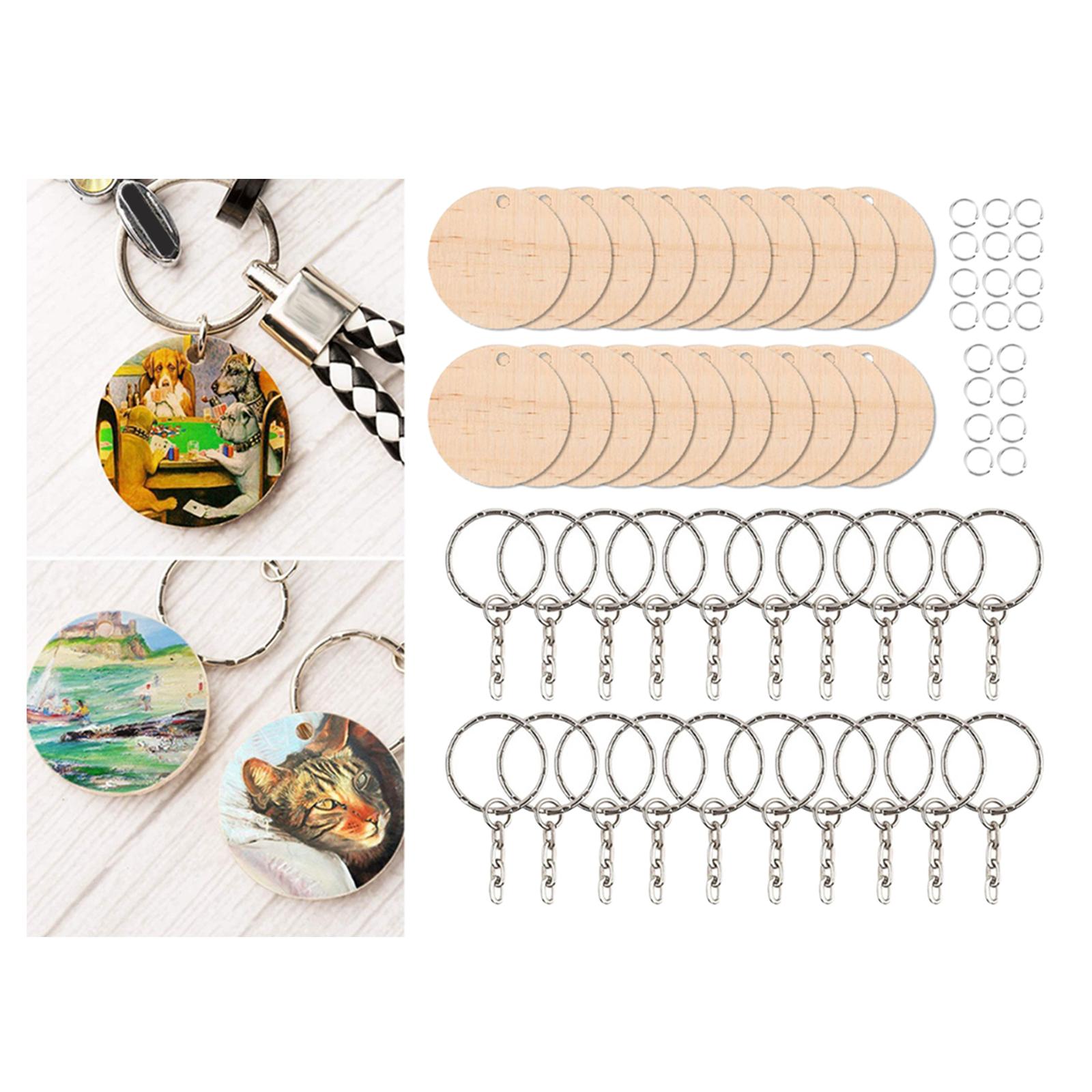 Wooden Keychain Blanks, Round Wooden Slices Pendant Charm Key Chains Blanks and Keychain Pendant Keyring for DIY Key Rings