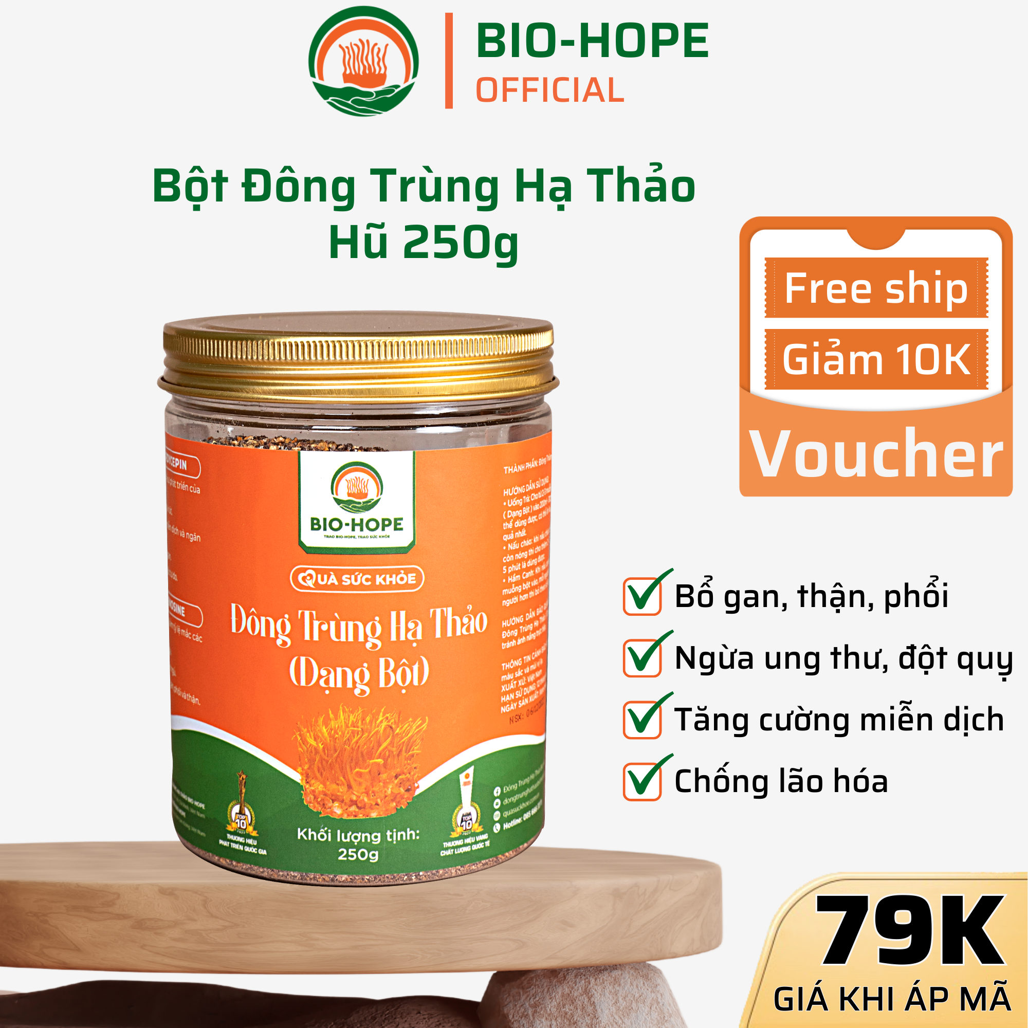 Bột Đông Trùng Hạ Thảo BIO HOPE Nguyên Chất 100% Tăng Đề Kháng, Chống Suy Nhược, Bảo Vệ Tim Mạch - 250G