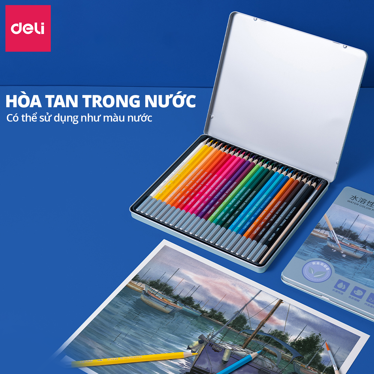 Bút Chì Màu Gốc Nước Cao Cấp Deli 24/36/48/72 Màu Hộp Thiếc - Không Dễ Gãy Tô Vẽ Tranh Chuyên Nghiệp