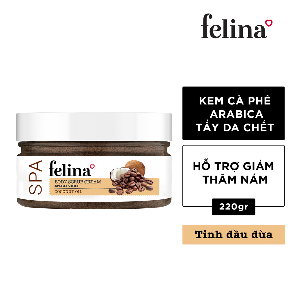 Kem tắm tẩy tế bào chết body Felina Home Spa - Hạt cà phê Arabica và tinh dầu dừa giúp da sáng mịn, ngừa thâm sạm