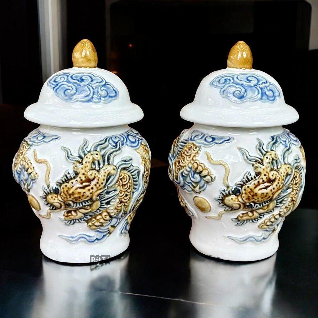 Chóe Thờ Rồng Đắp Nổi Men Trắng RỒNG VIỆT Cao Cấp - Hũ Đựng Gạo Muối Nước Sang Trọng gốm Bát Tràng