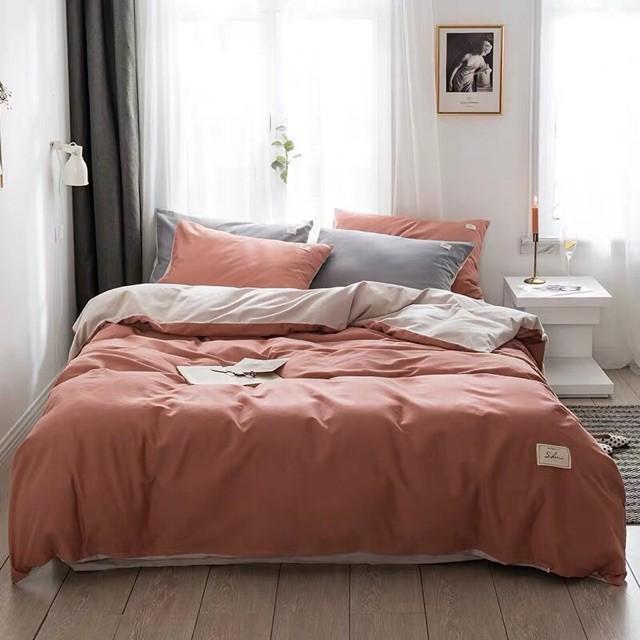Bộ Chăn Ga Gối Cotton Đũi Màu Cam Nude Phối Be / Chất Vải Thoáng Mát, Thấm Hút Mồ Hôi Tốt