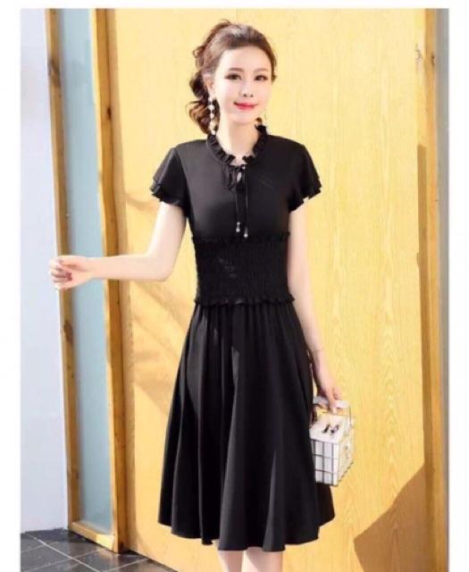 Đầm nhún eo, thắt nơ cổ thướt tha xinh lung linh kèm hình thật