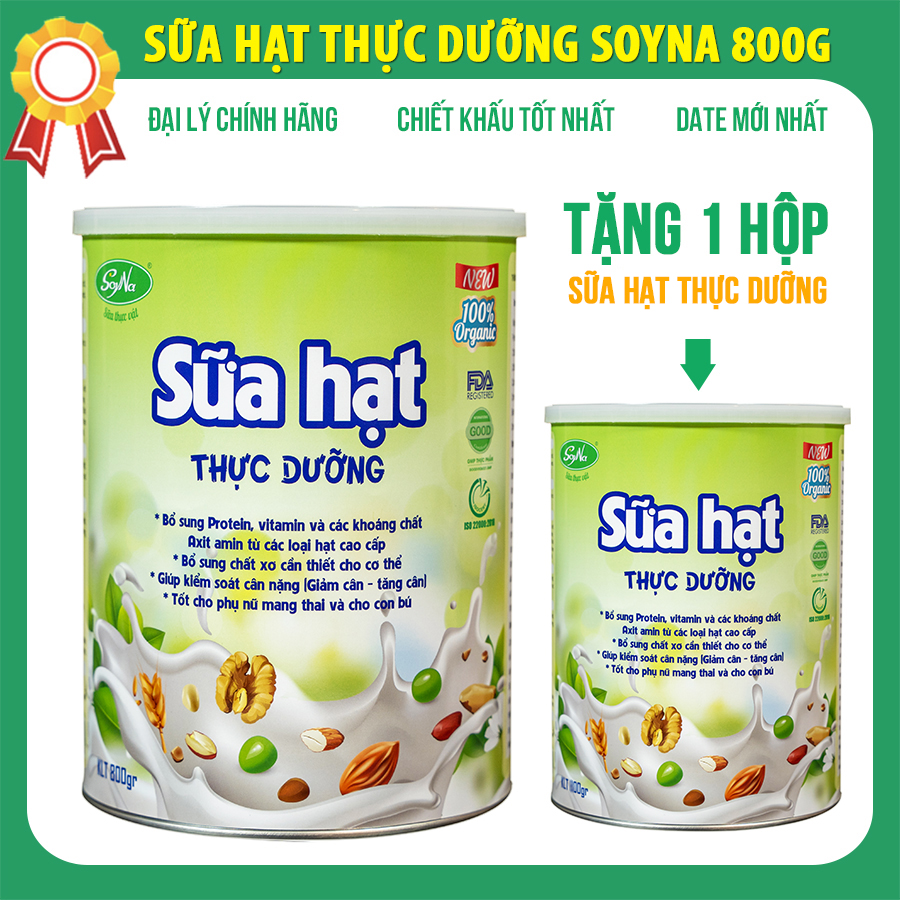 Sữa Hạt Thực Dưỡng Soyna 800gr date mới, Sữa thực vật thuần chay chính hãng gồm 9 loại hạt cao cấp được tin dùng hiện nay đạt chuẩn ISO 22000:2018 và FDA Hoa Kỳ