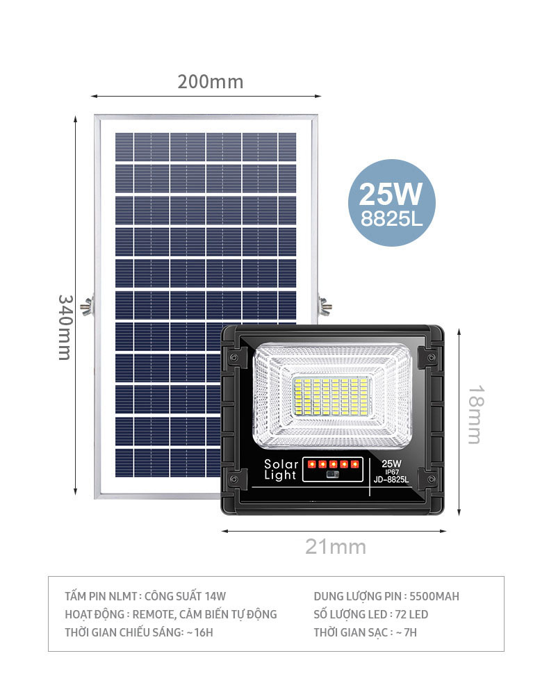 Đèn pha năng lượng mặt trời JINDIAN nhôm đúc nguyên khối, công suất 25W, Model: JD-8825L NÂNG CẤP 2020