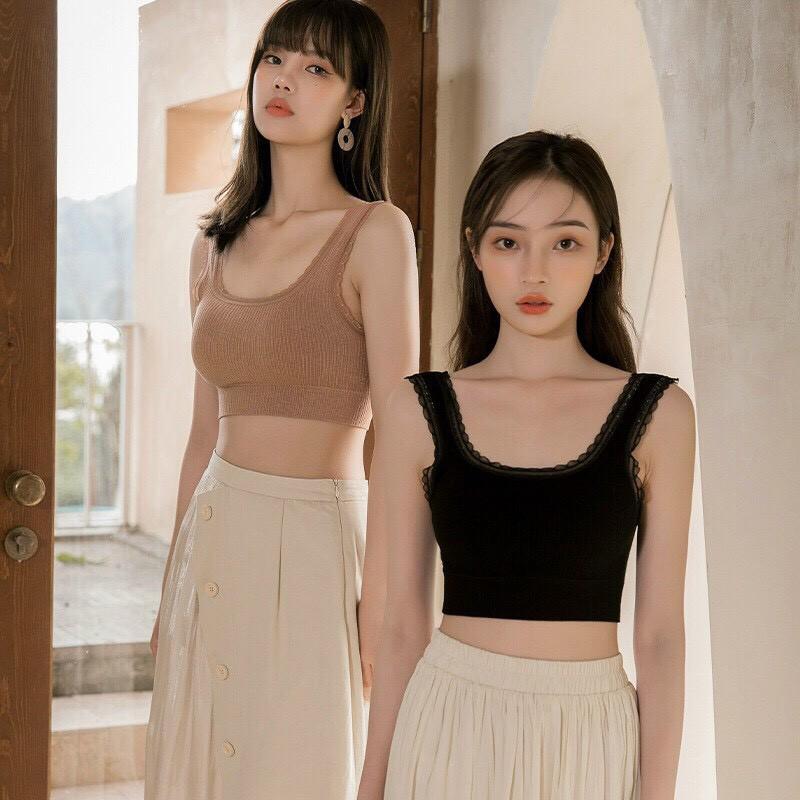 Áo bra nữ cổ vuông hở lưng chữ U hai dây viền ren dễ thương freesize 38-60kg