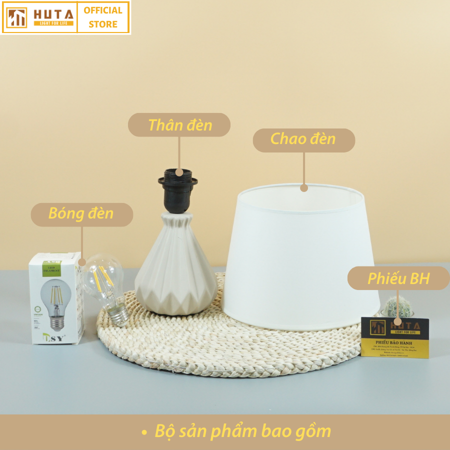 Đèn Ngủ Gốm Sứ HUTA Light For Life S13 Decor Phòng Ngủ, Điều Chỉnh Độ Sáng, Bóng Led Sáng Vàng Tiết Kiệm Điện