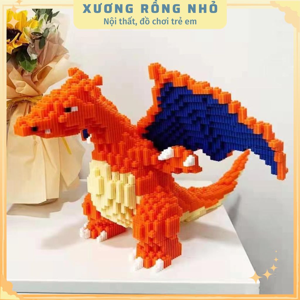 Mô hình Rồng Lửa Charizard cỡ lớn size to 26cm đồ chơi xếp hình nano 3d cho bé chuẩn mẫu, RỒNG CAM 26CM