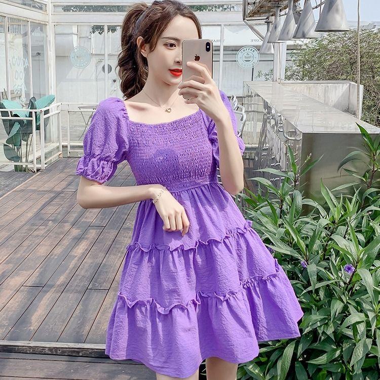 DIYIWEI Phụ nữ mùa hè 2023 Square Neck Pleated Bubble Sleeve Thu hẹp eo Khoai tây tím Vintage Pháp Orange Terrier Dress