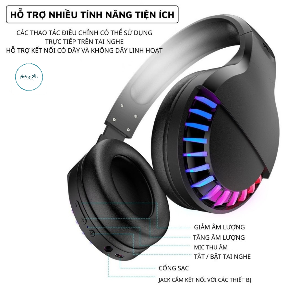 Tai nghe bluetooth headphone gaming  Super Bass đèn led đổi màu RGB dùng cho điện thoại máy tính pc laptop