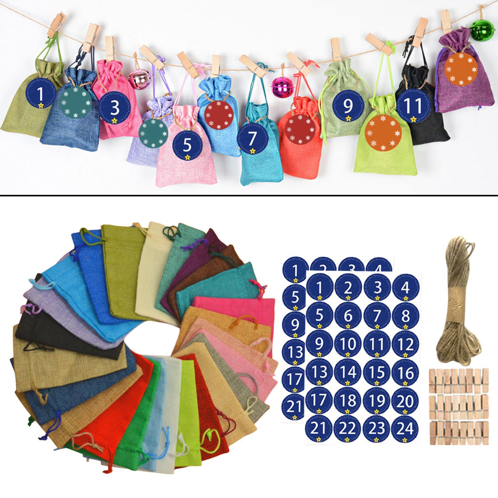 24Pcs 24 Colors Xmas Christmas 24 Days Burlap Candy Gift Bags DIY