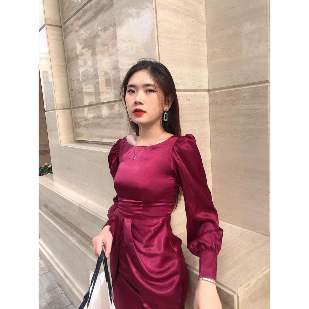 Đầm satin đỏ đô tay bồng