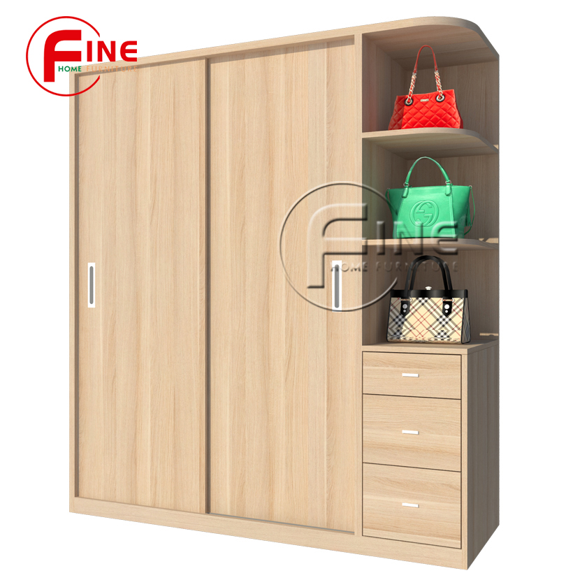 Tủ Quần Áo 2 Cánh Cửa Lùa và 3 hộc kéo và kệ trưng bày hiện đại sang trọng FINE FT191T Kích thước 1m8