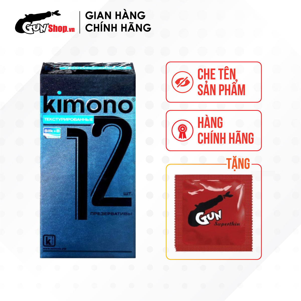 Bao cao su Kimono Dotted - Mỏng 0,03mm, điểm nổi kèm 1 chiếc BCS Gun Super Thin