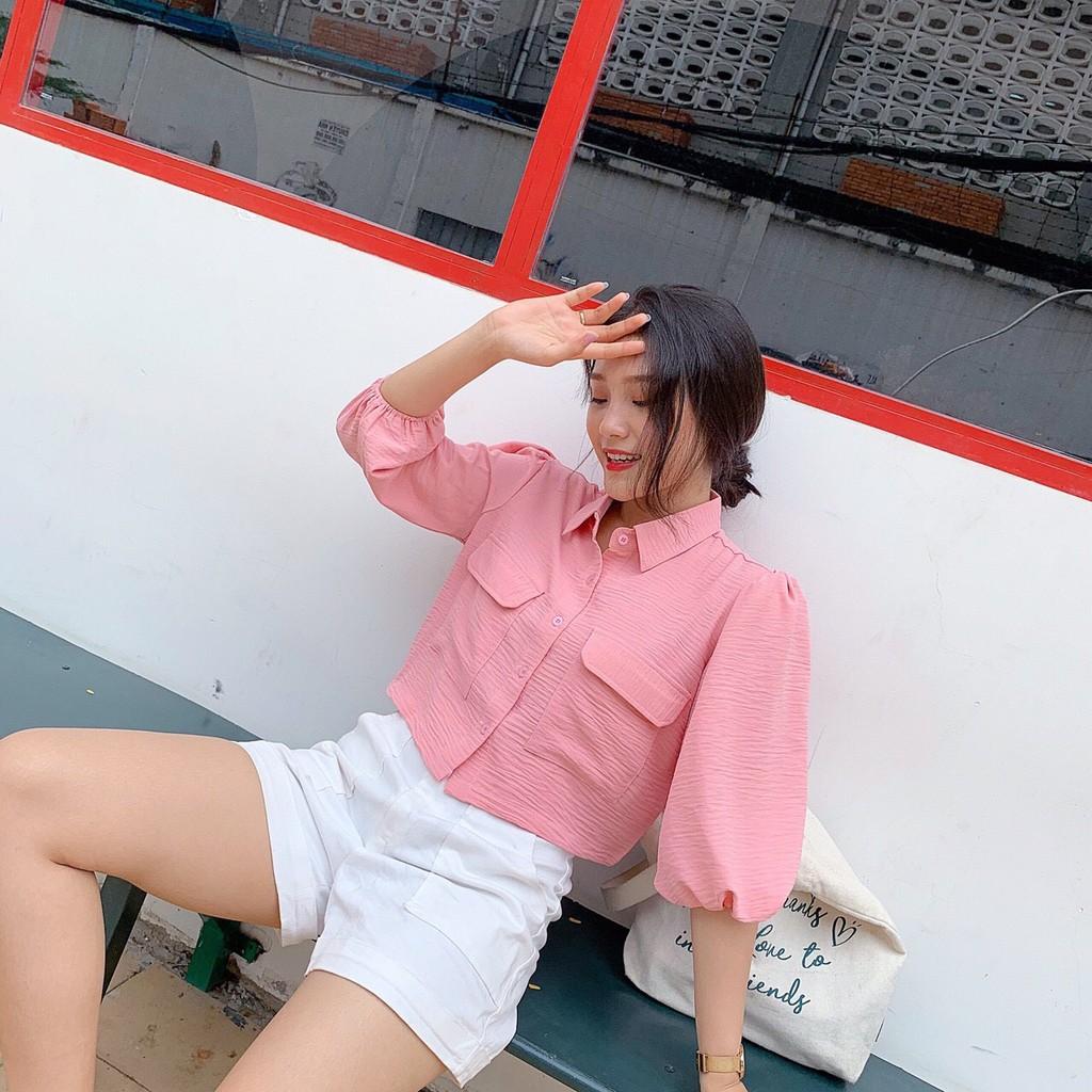 ÁO SƠ MI CROPTOP TÚI NẮP