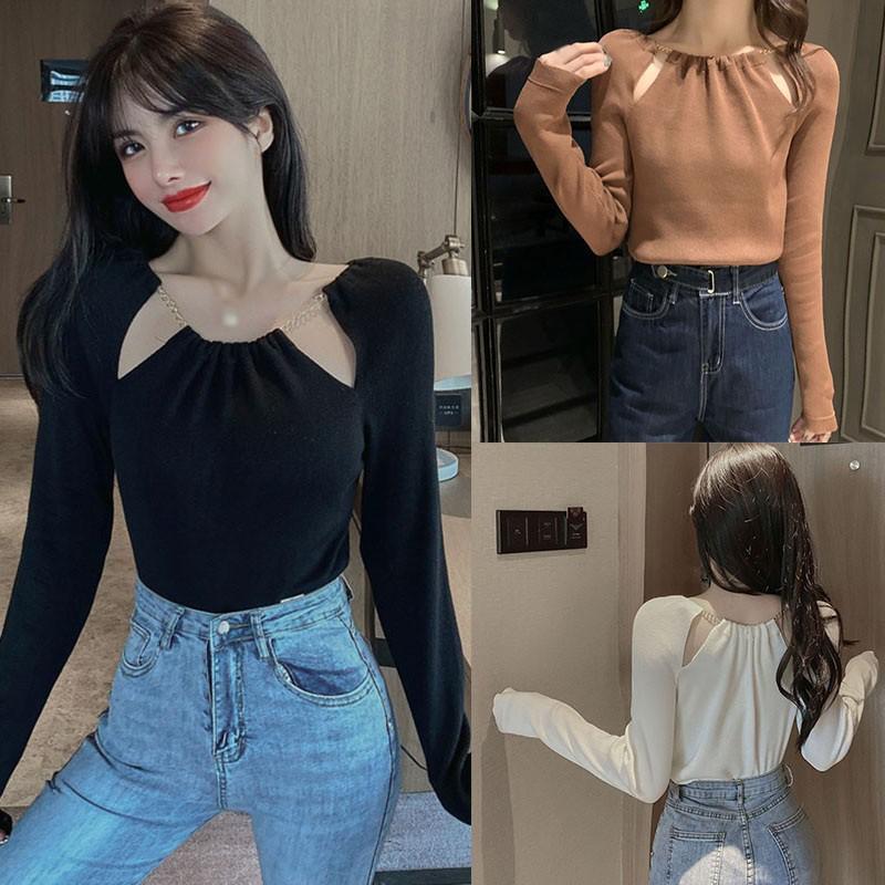 Áo thun tay dài màu trơn hợp thời trang cho nữ