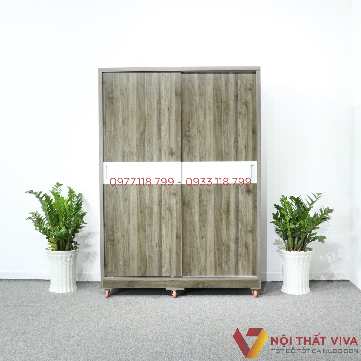 Tủ Áo Cửa Lùa 1m4X2m Gỗ MDF Màu Xám Rêu Chỉ Trắng Hiện Đại