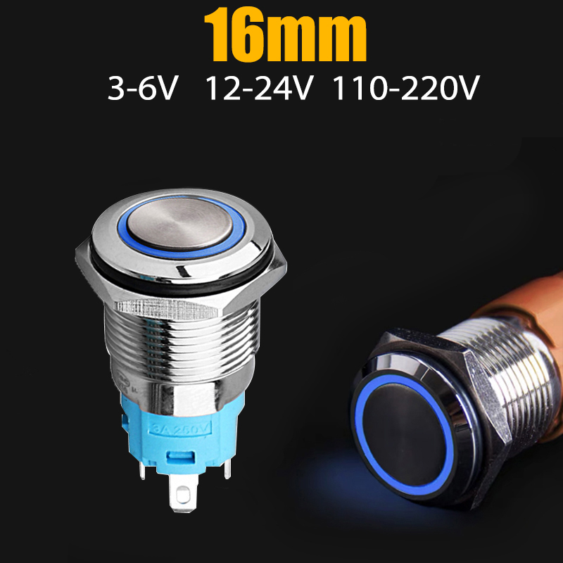 Nút công tắc, Nút nguồn Nhấn nhả, Nhấn đề 16mm (3-6V, 12-24V, 110-220V) Vỏ INOX chống nước