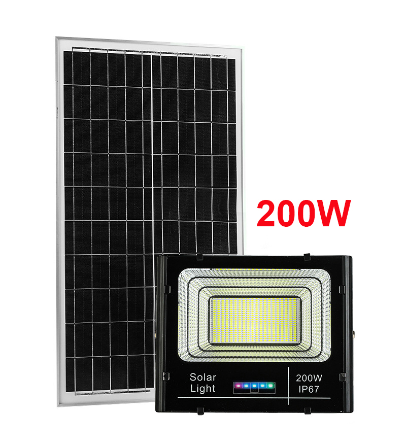 Đèn pha năng lượng mặt trời  200W, Vỏ nhôm, Tấm pin NLMT rời, Ánh sáng trắng, Báo pin ngoài- 200WF