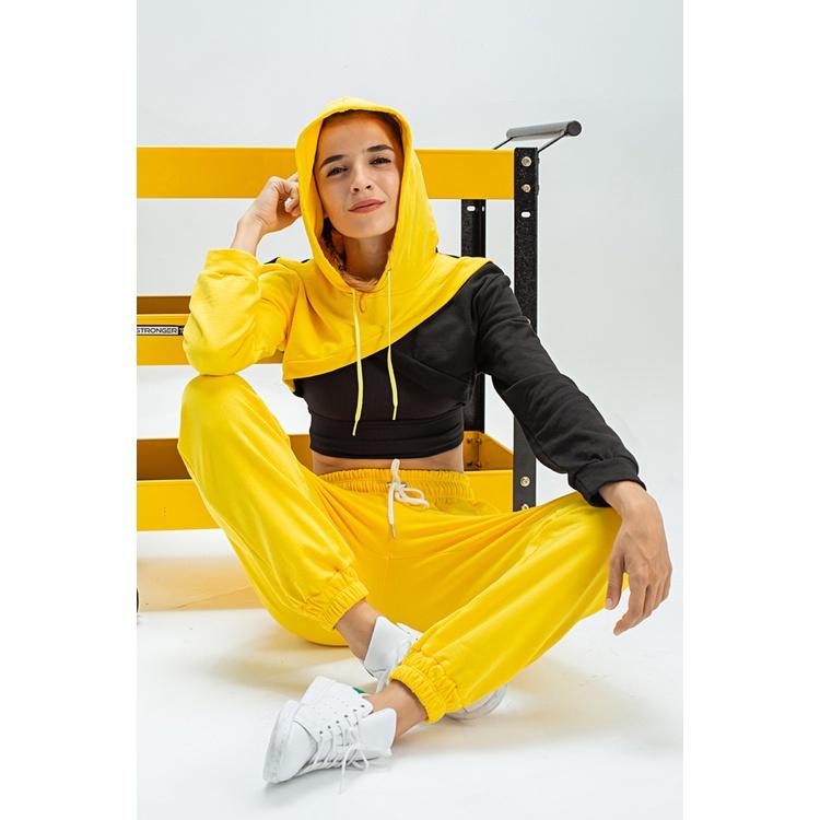 JOYLYAN - Bộ Đồ Thể Thao Nữ Joyce 100% Cotton Thiên Nhiên Gồm Áo Hoodie Dạng Croptop Dài Tay Có Mũ Trùm Đầu Phối Hai Màu