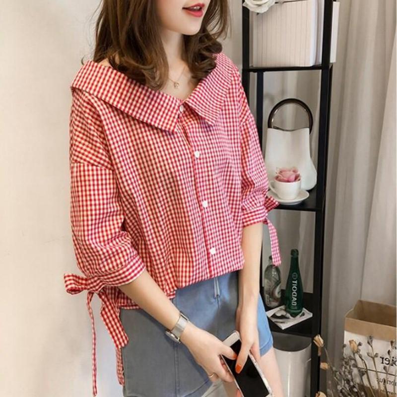 Áo sơ mi dáng rộng họa tiết in caro cài nút đơn cổ búp bê cho nữ