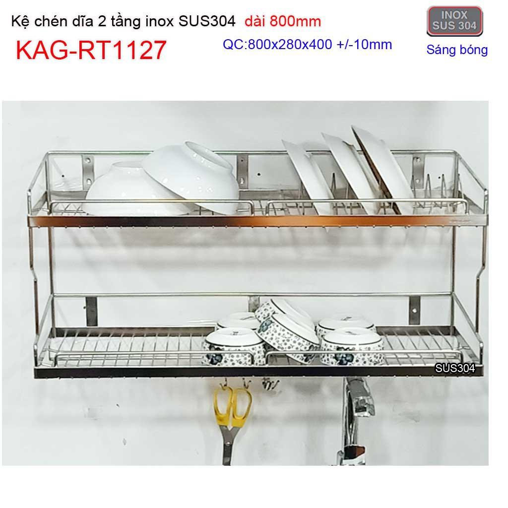 Kệ đựng chén bát inox SUS304, kệ úp chén dĩa 2 tầng dài 80cm KAG-RT1127