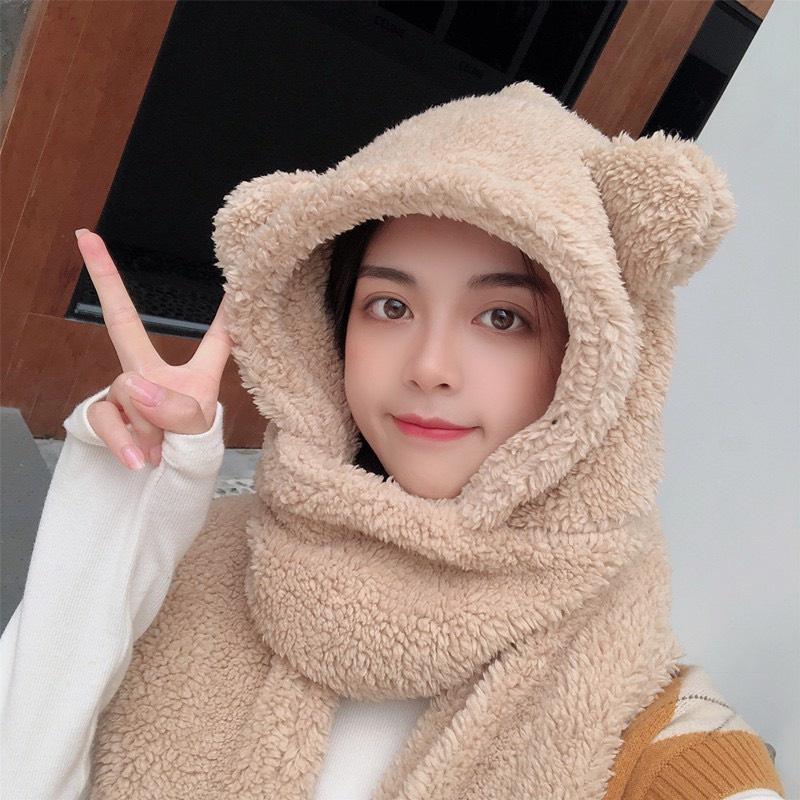 Mũ lông cừu kèm khăn quàng cổ bao tay 3 trong 1 ấm áp phong cách Hàn Quốc