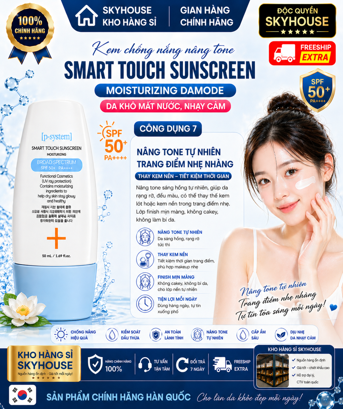 Kem chống nắng nâng tone SMART TOUCH SUNCREEN MOISTURIZING DAMODE chai 50ml da khô mất nước nhạy cảm chính hãng Hàn Quốc