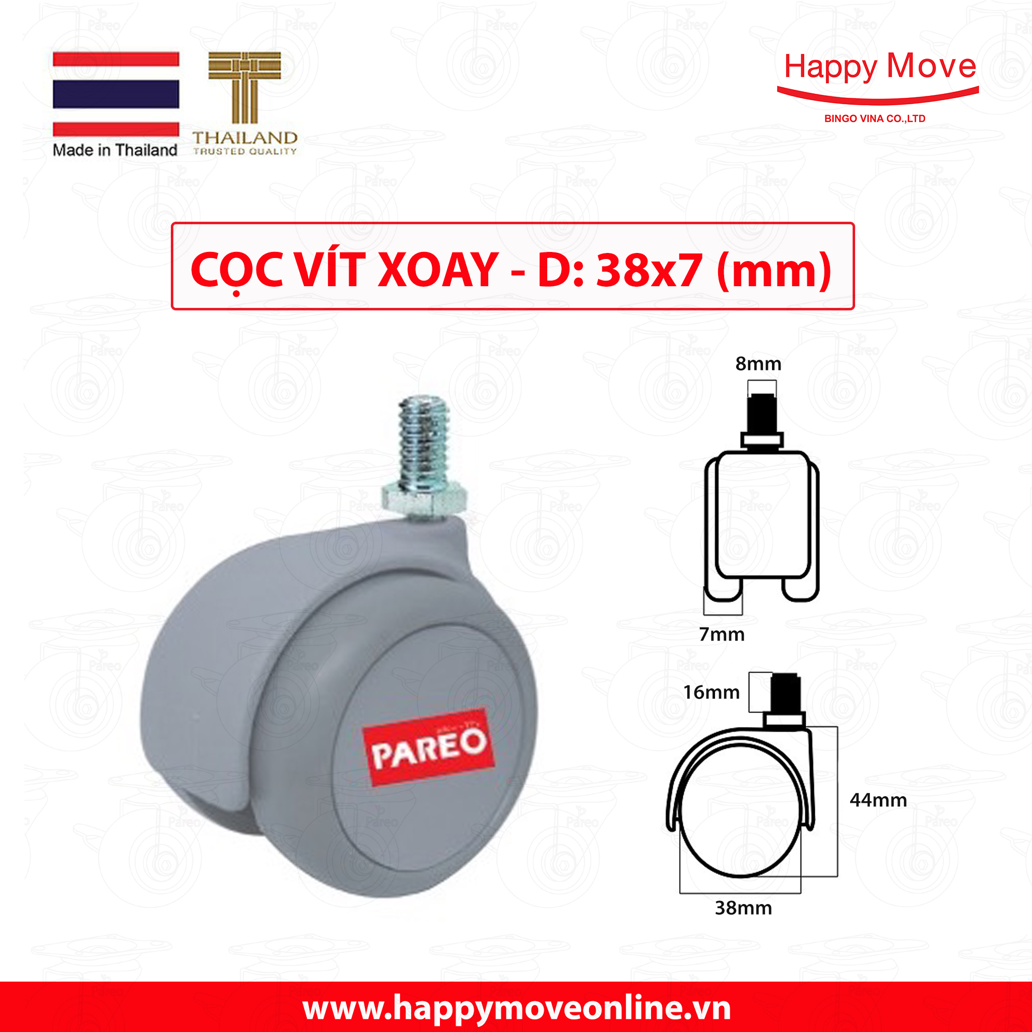 Bộ 4 bánh xe cọc vít ren 38-50mm cho ghế/bàn xoay văn phòng nội thất - tải 40kg - Happy Move Thái Lan