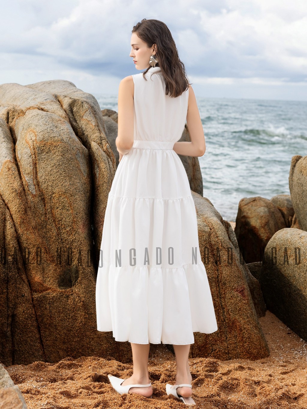 Đầm sơ mi trắng sát nách NGADO , đầm nữ , Đầm xòe vintage , Đầm dạo phố