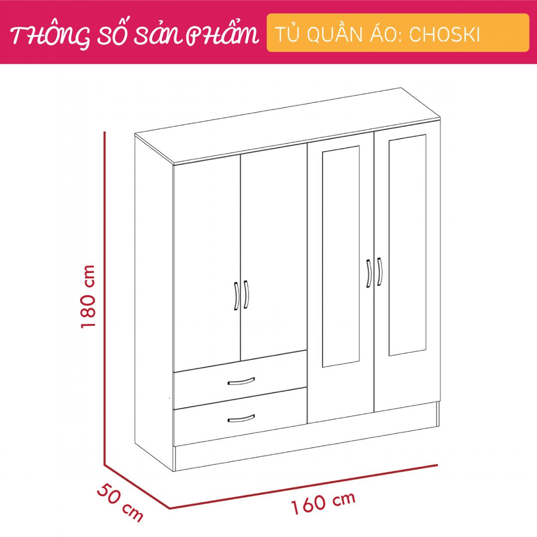 Tủ quần áo gỗ hiện đại SMLIFE Choski | Gỗ MDF dày 17mm chống ẩm | D160xR50xC180cm