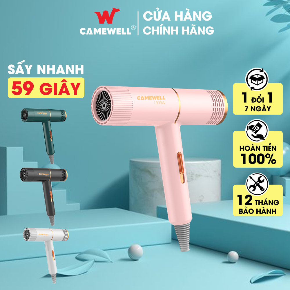 Máy sấy tóc mini chính hãng CameWell công suất lớn 1000W, giảm tiếng ồn, tặng đầu sấy tạo kiểu tóc chuyên nghiệp 2 chiều nóng lạnh CW01HD