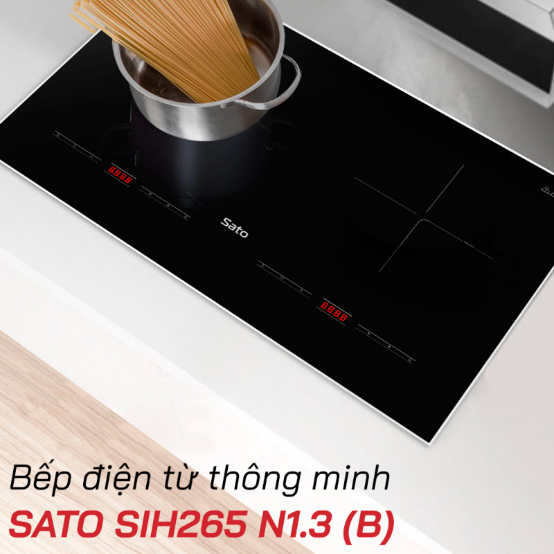 Bếp điện từ thông minh SATO SIH265 N1.3 (B) - Mặt kính thiết kế sang trọng, chịu nhiệt cao, chống trầy xước, chống bám dầu mỡ, vệ sinh dễ dàng ( Tặng bộ nồi Inox 3 đáy)-Miễn phí vận chuyển toàn quốc - Hàng chính hãng