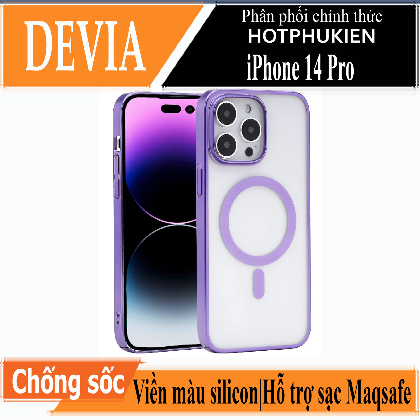 Ốp lưng chống sốc viền crom cho iPhone 14 Pro (6.1 inch) hỗ trợ sạc Maqsafe hiệu DEVIA Glimmer Series (mặt lưng trong suốt, gờ bảo vệ Camera) - hàng nhập khẩu