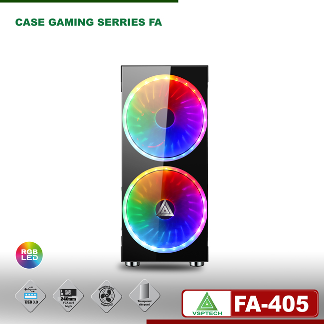 Vỏ máy tính Case VSP FA 405 (ATX, M-ATX, ITX) Kính cường lực (Tặng 3 FAN RGB) - Hàng chính hãng TECH VISION phân phối