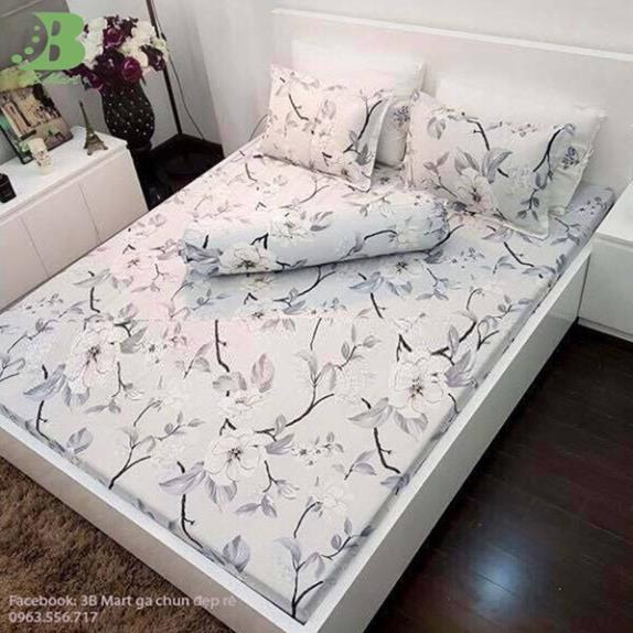 Bộ ga chun và 2 vỏ gối cotton poly - Mẫu hoa ghi siêu đẹp