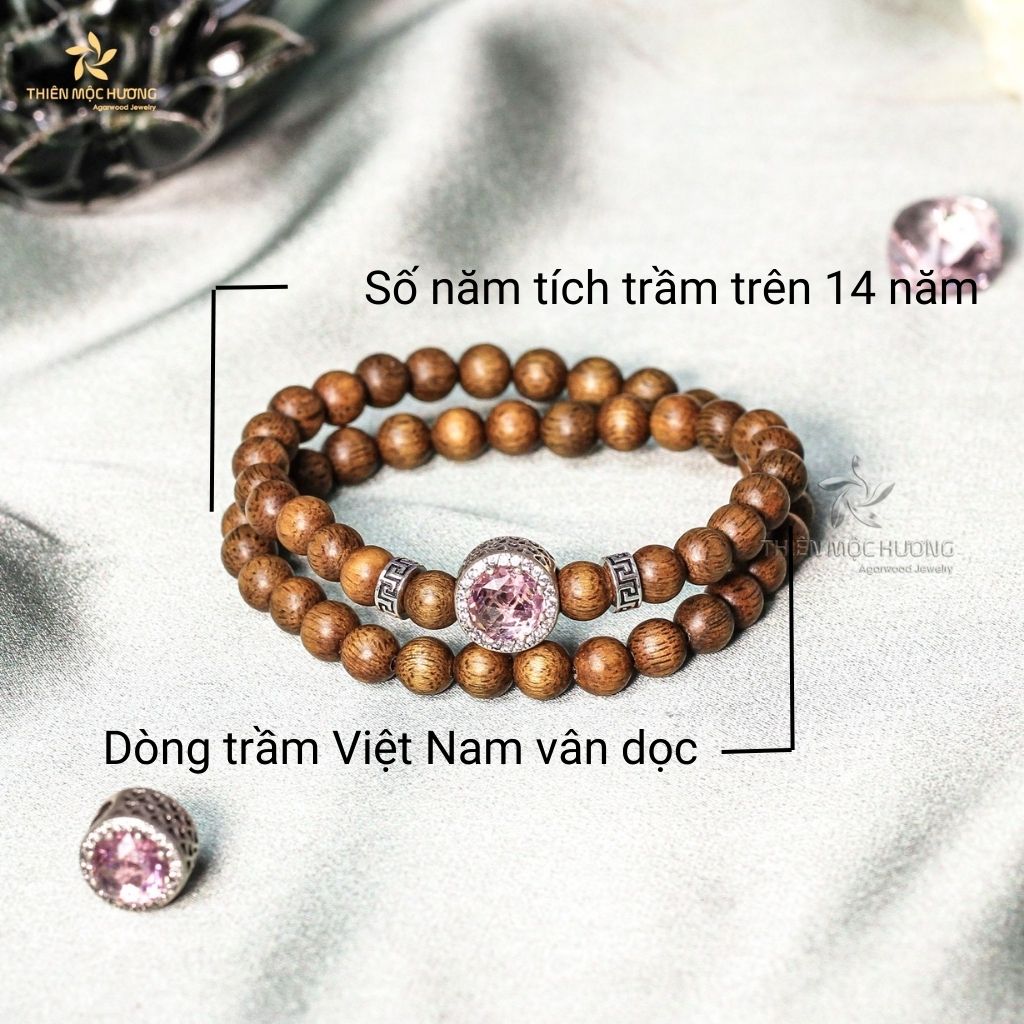 Vòng tay trầm hương Minh Nguyệt đôi Thiên Mộc Hương dòng trầm Việt Nam vân dọc, thành công, hạnh phúc, an nhiên