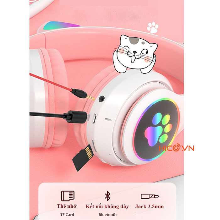 Tai Nghe Mèo bluetooth có mic Headphone Tai Bluetooth 5.0 AKS28 Có Micro Đàm Thoại, Chơi Game. Headphone Phát Sáng, Tai Nghe Mèo Cute Dễ Thương