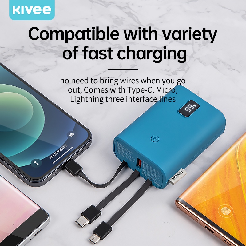 Kivee-PT58X Pro 22.5W Pin sạc dự phòng sạc nhanh 10000mah QC3.0 với 3 cáp sạc nhanh + màn hình điện tử - BẢO HÀNH 12 THÁNG 1 ĐỔI 1- giao màu ngẫu nhiên