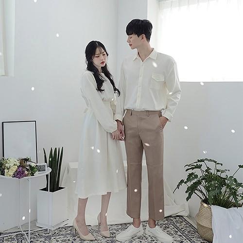 ÁO ĐÔI FREESHIP Set váy sơ mi đôi màu trắng và vàng Hàn Quốc Couple AV89