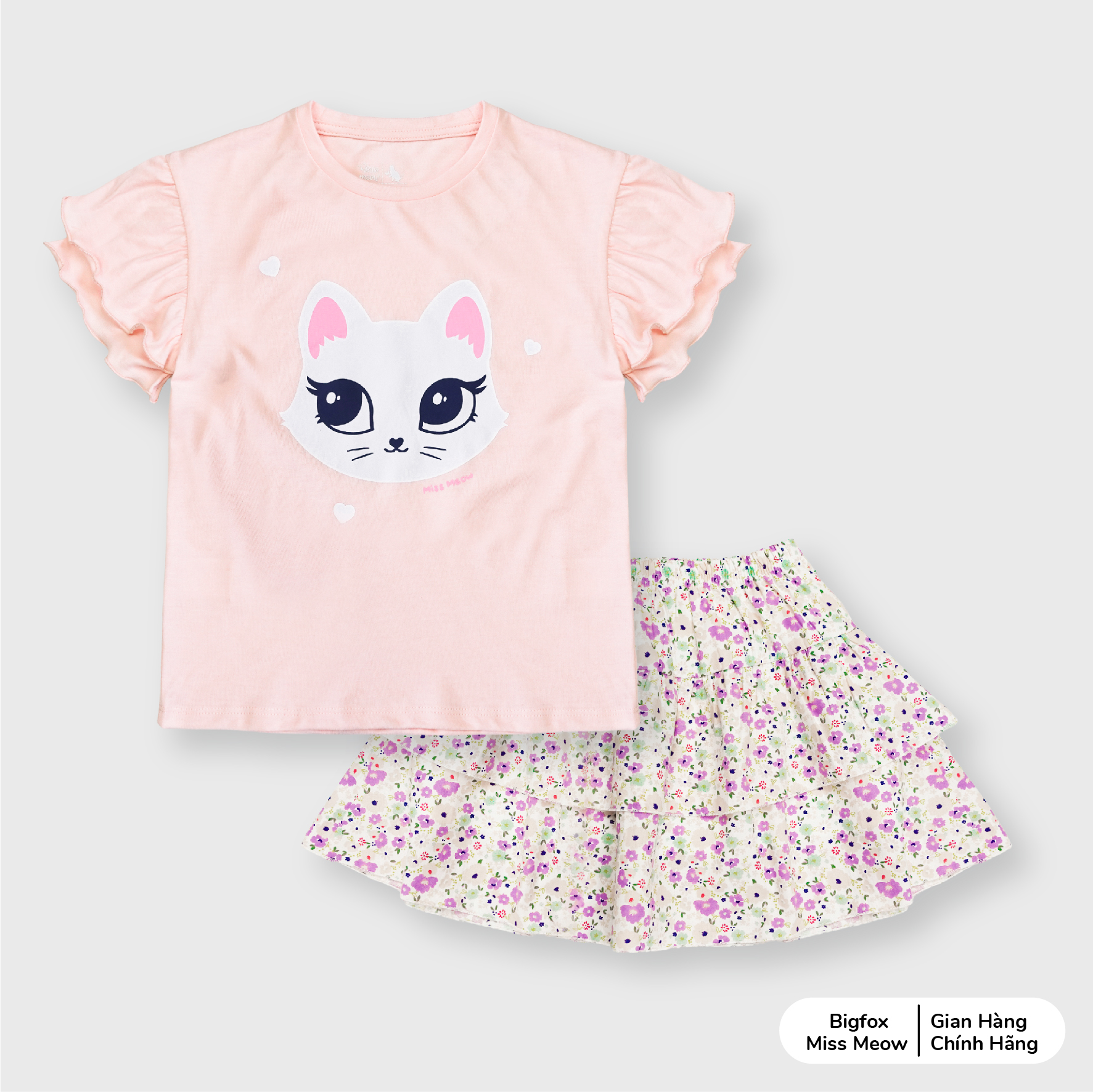 Bộ ngắn tay bèo phối chân váy Bigfox Miss Meow size đại mùa hè vải cotton kiểu Hàn Quốc in mèo dễ thương cỡ 3-11 tuổi 25kg 30kg