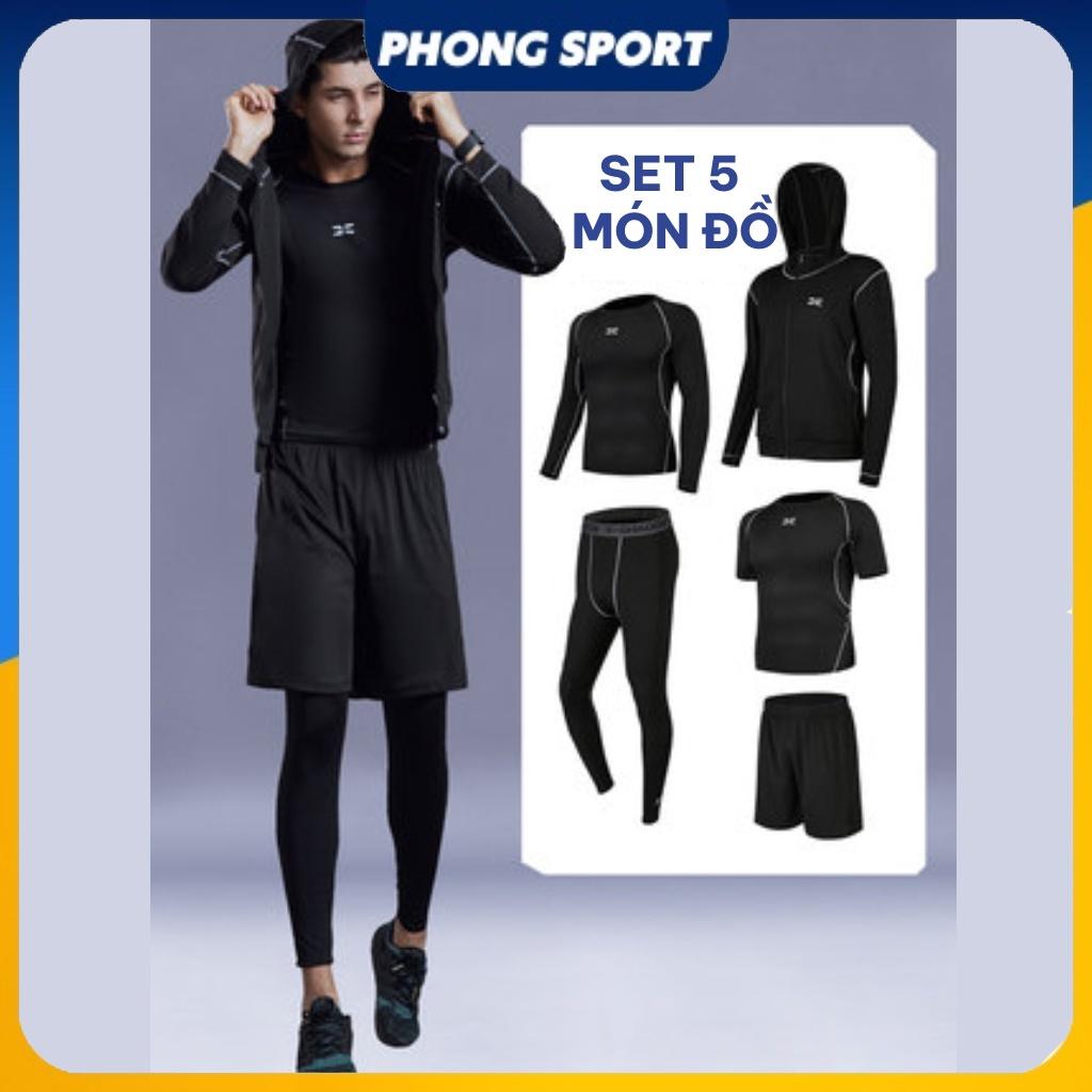 Quần áo tập gym nam, bộ đồ thể thao nam 5 cái, size S đến XXL, thấm hút mồ hôi, màu đen