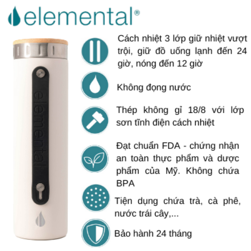 [Hàng chính hãng – Thương hiệu Mỹ] Bình giữ nhiệt Elemental Iconic màu trắng 590ml, giữ nhiệt vượt trội, inox 304, FDA Hoa Kì, An toàn sức khỏe, có lưới lọc